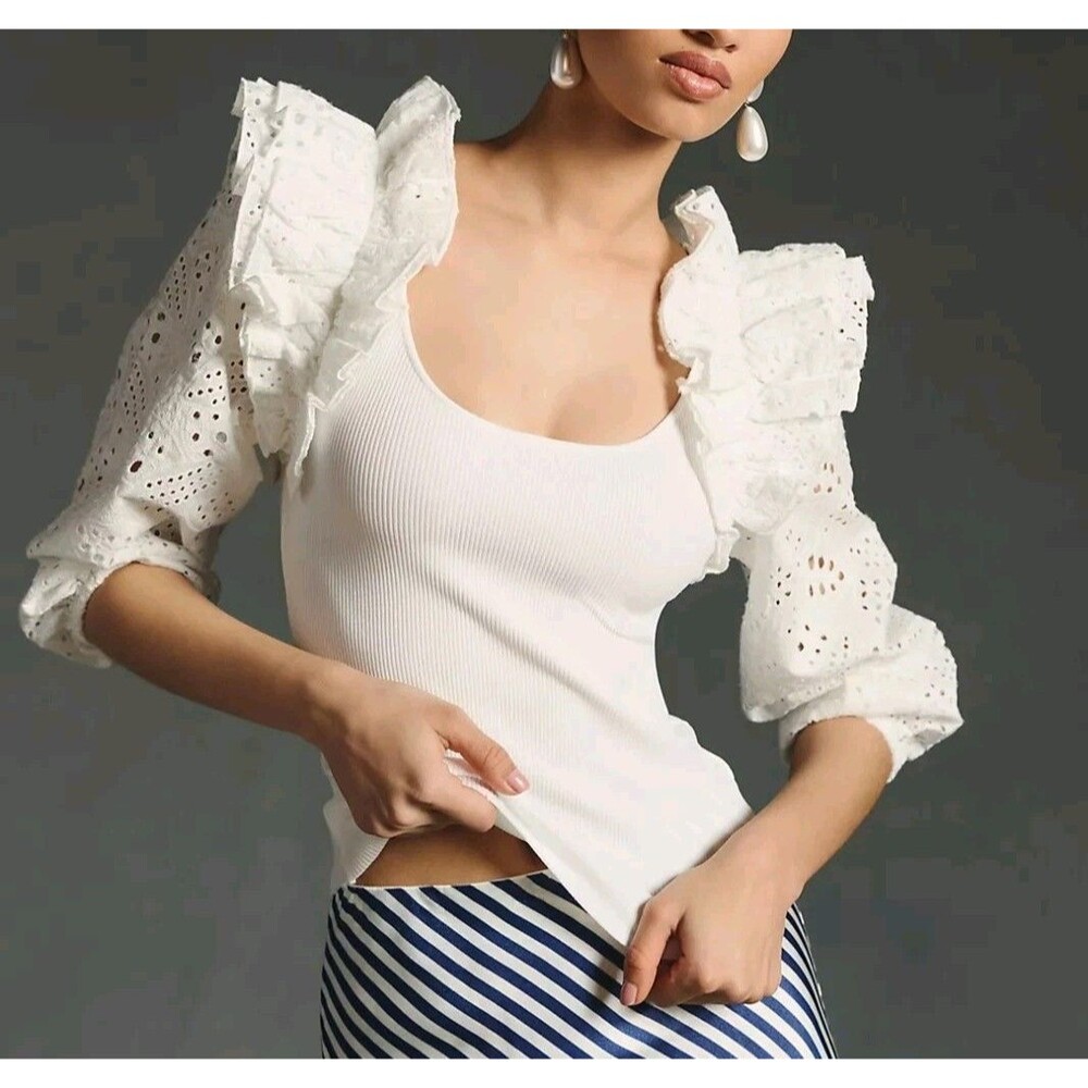 Anthropologie DOLAN Ruffle Puff Sleeve Sweater S White Romantic Coquette READ